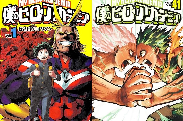 漫画「僕のヒーローアカデミア」第1巻と第41巻の表紙。キャラクターのオールマイト、緑谷出久、オーバーホールが描かれている。