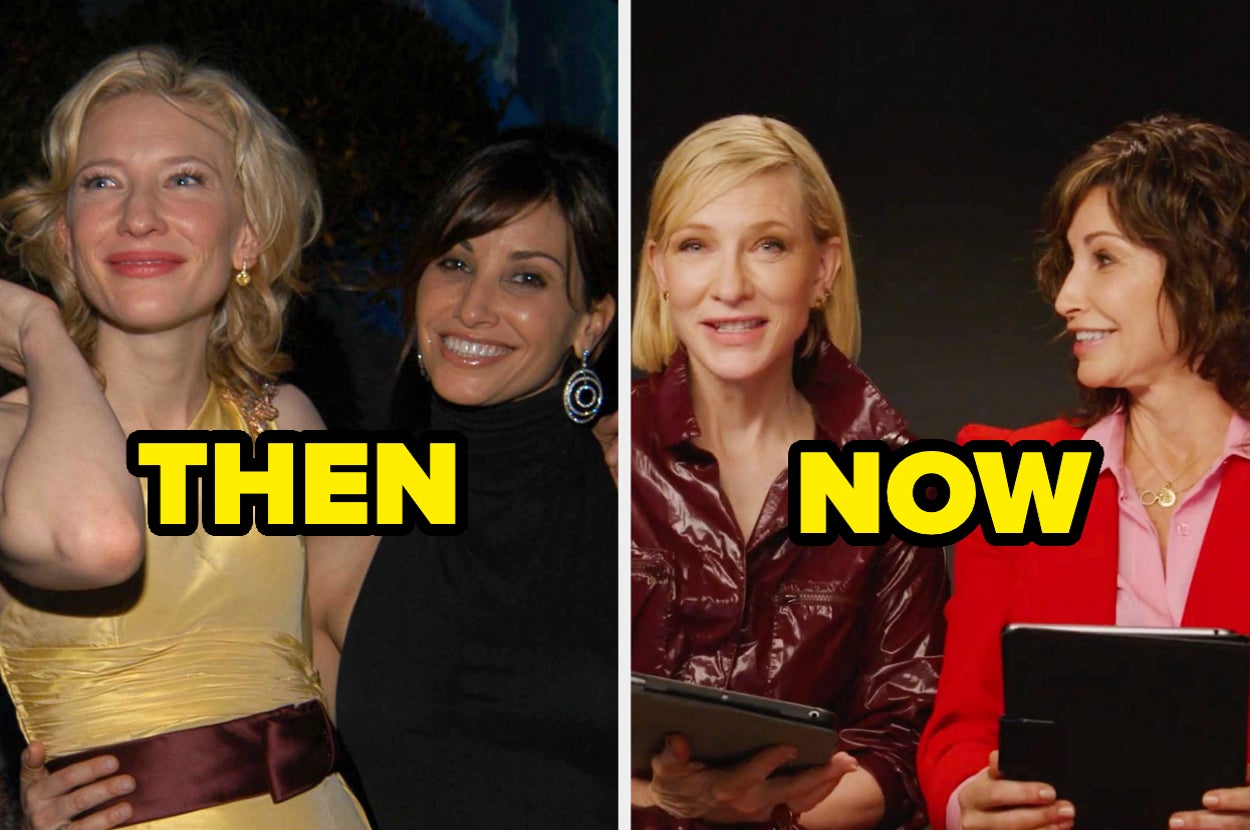 Cate Blanchett with Gina Gershon at a past event, and Cate Blanchett with Fina in modern attire for a "Then and Now" comparison. Text reads "THEN" and "NOW"