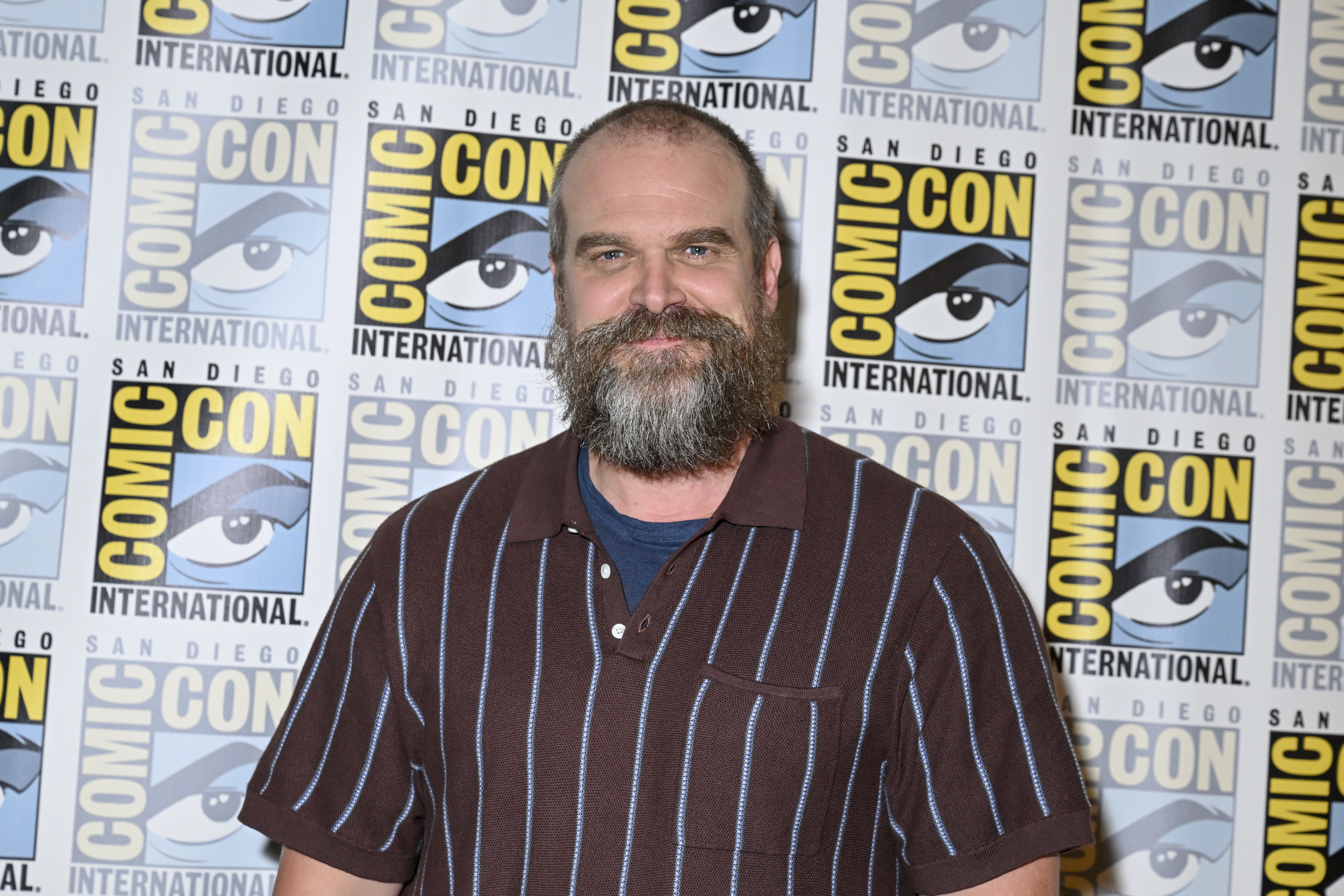 David Harbour smiles while standing in front of a Comic-Con International backdrop. He is wearing a casual short-sleeve, striped shirt