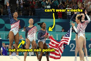 Simone Biles celebrates with Team USA gymnasts holding an American flag. Text notes rules on uniforms: "can't wear V-necks" and "not allowed nail polish."