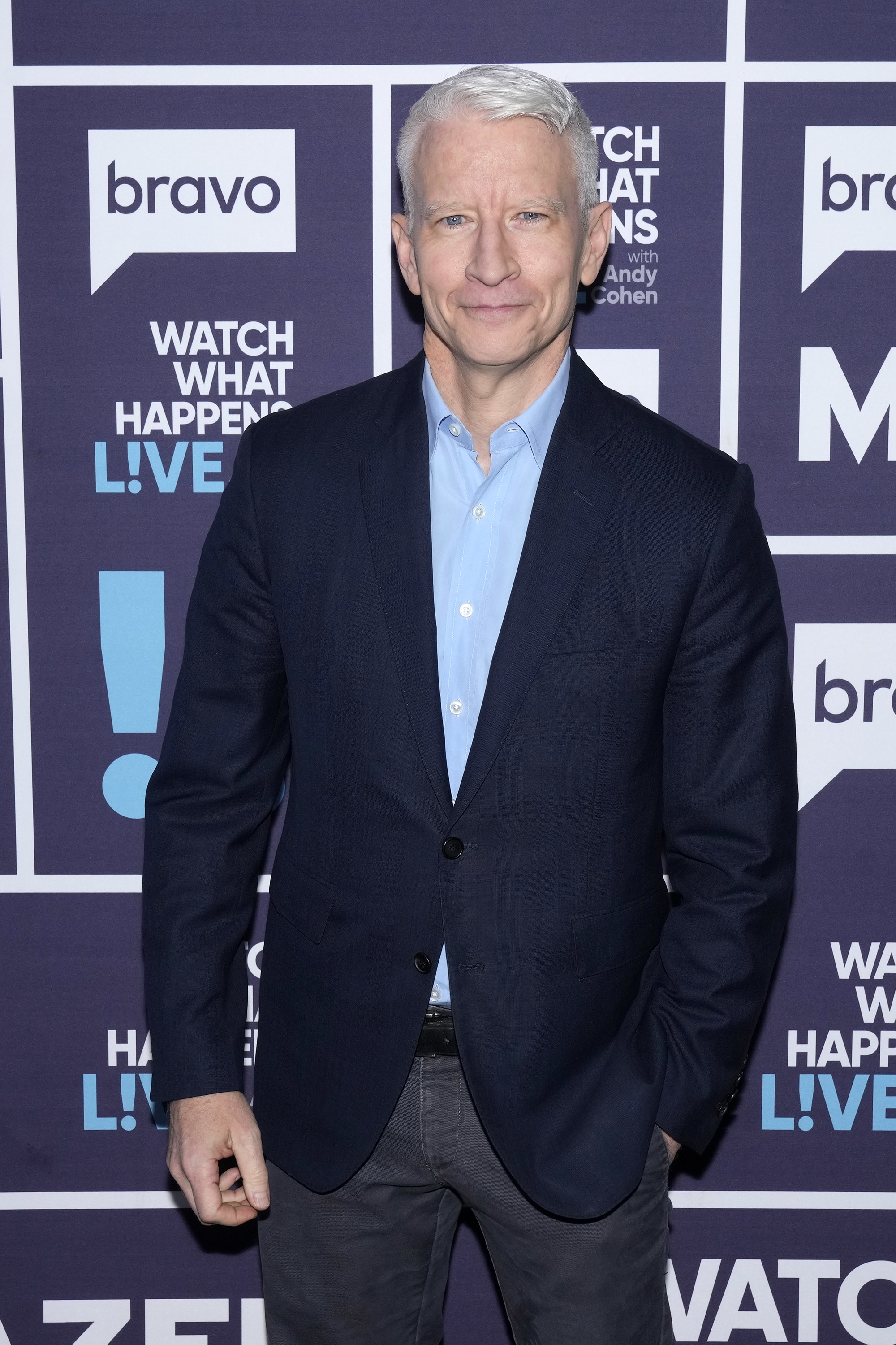 Anderson Cooper at "Watch What Happens Live" event, wearing a dark blazer over a light dress shirt