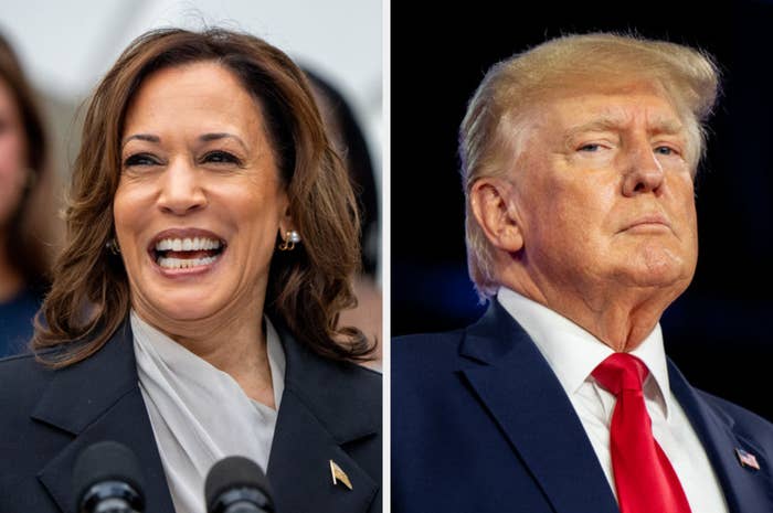 Kamala Harris smiling in a suit next to Donald Trump in a suit and red tie