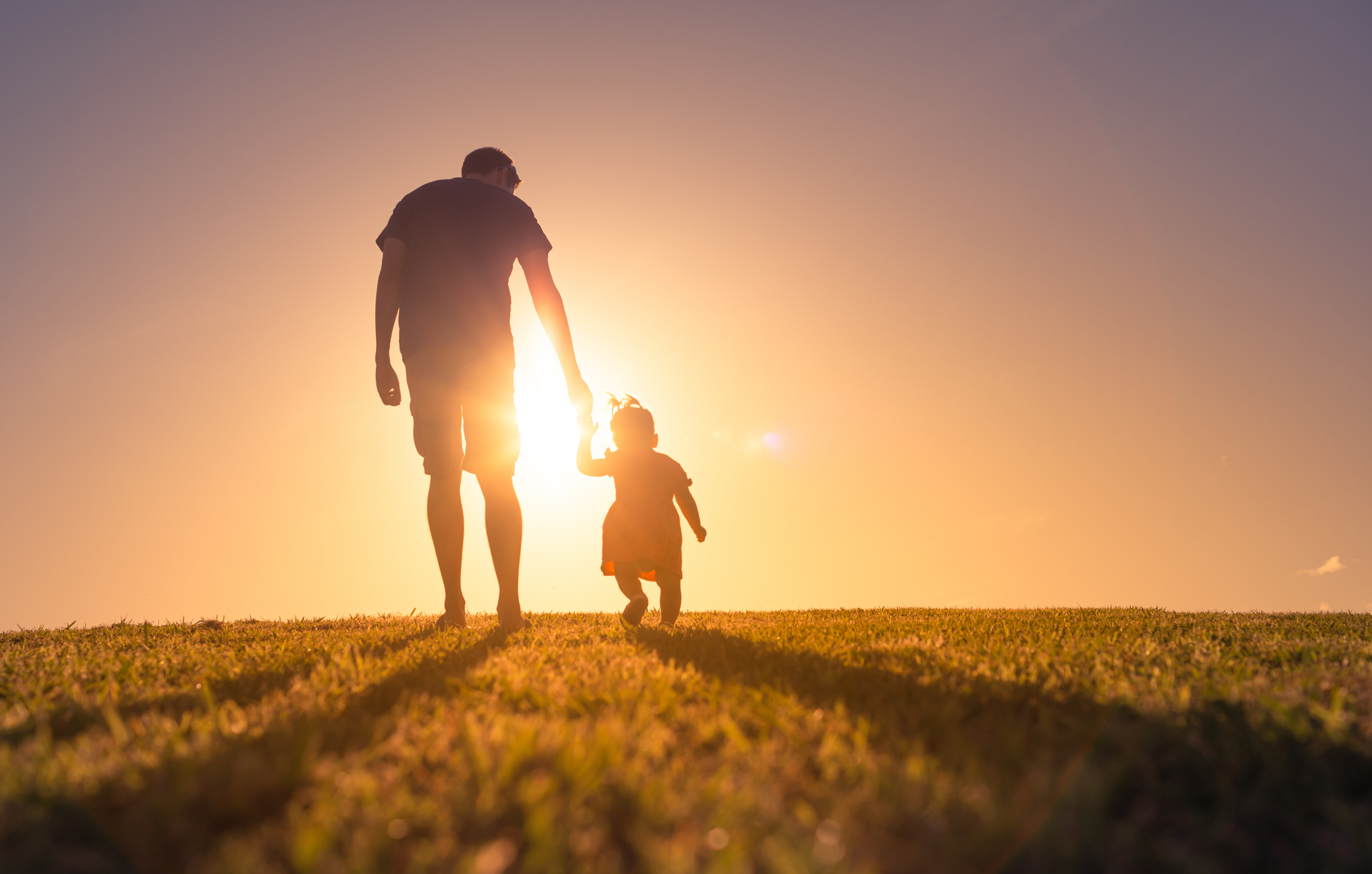 An adult and a child hold hands, walking on grass during sunset. The silhouettes create a peaceful scene