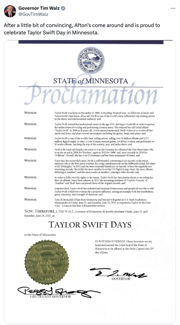 Proclamation text declaring June 24, 2023, Taylor Swift Day in Minnesota