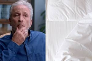 Jon Stewart is seated with a thoughtful expression, facing left. Next to him is an image of a neatly made white bed