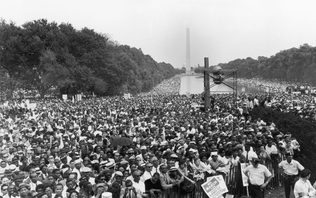 A vast crowd gathers at the 1963 March on Washington for Jobs and Freedom at the Lincoln Memorial in Washington D.C