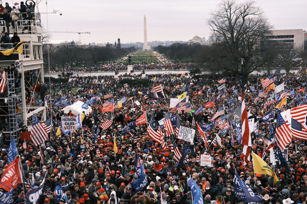 Large crowd with American flags and various signs gathered at the National Mall in Washington, D.C., with the Washington Monument in the background