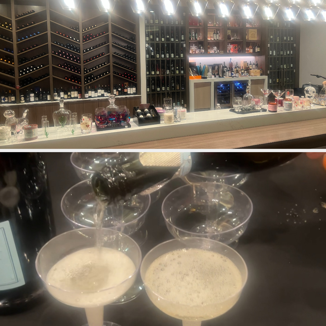 A sophisticated bar features an extensive wine display and well-arranged glassware. Below, champagne is being poured into multiple glasses, suggesting a celebratory event