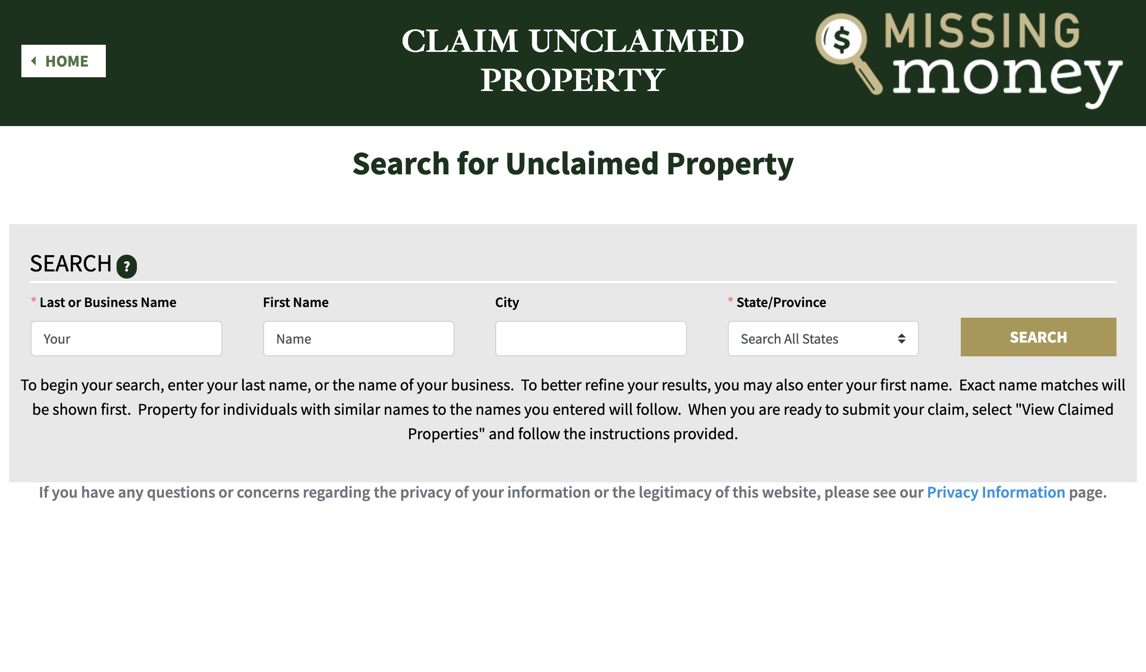 Search for unclaimed property page, with fields for Last/Business Name, First Name, City, and State/Province, plus a search button and privacy notice