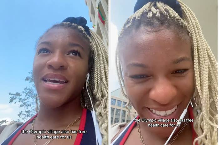 Ariana Ramsey smiling and speaking in a video, with text overlay stating &quot;the Olympic village also has free health care for us&quot;