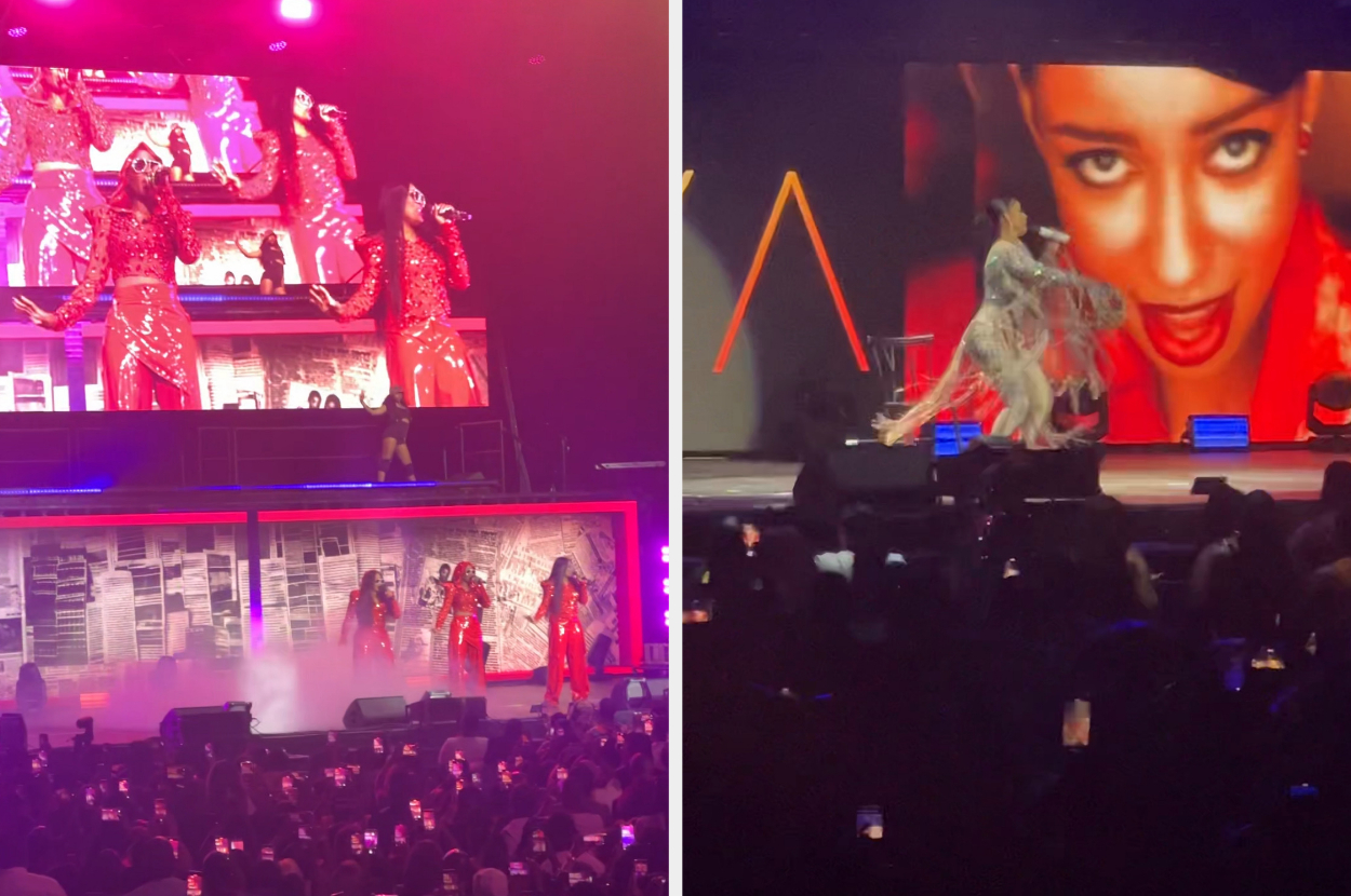 Two images from a concert: On the left, three performers in stylish, red outfits dance on stage with vibrant lighting. On the right, a close-up of a performer's face is displayed on a large screen as they perform on stage