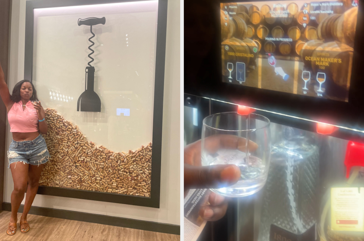 Woman in a pink crop top and denim shorts poses beside a large corkscrew display; close-up of a hand holding a glass near a liquor dispenser