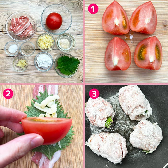 トマトと肉の料理手順を示す4つの画像。1. トマトを四つ切りにする。2. 肉と葉とともに具材を詰める。3. フライパンで調理する。