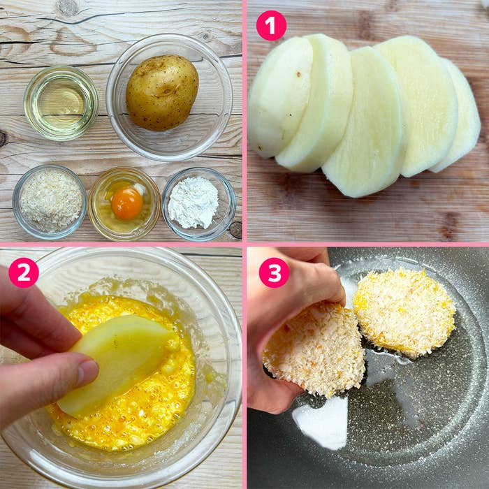 じゃがいもの調理手順を示す4つの画像のコラージュ。1. じゃがいもを厚くスライス。2. 卵液につける。3. パン粉を付けて揚げ物準備。