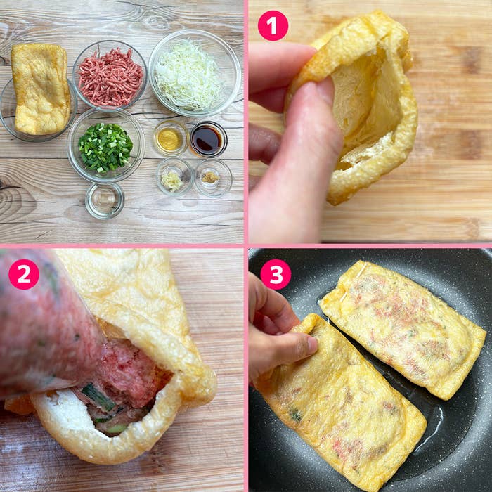 材料と肉詰めの調理手順。1. 油揚げを開く。2. 具材を詰める。3. フライパンで焼く。