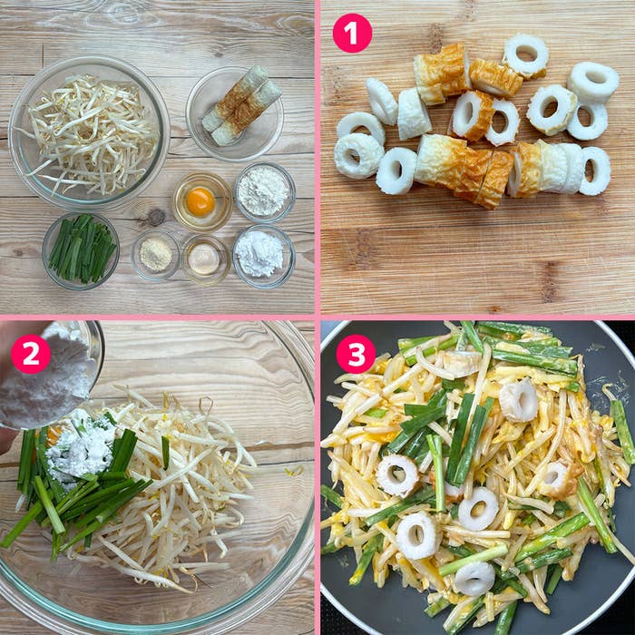 一連の調理工程が描かれた画像。1: 材料準備、2: 材料混合、3: 完成した料理。