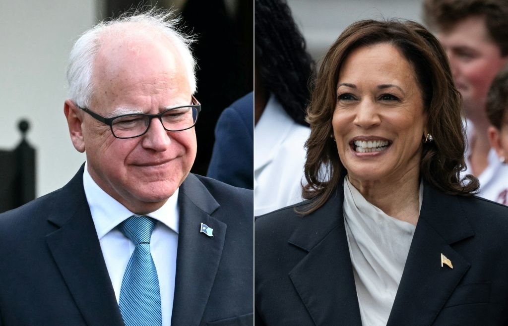 Tim Walz and Kamala Harris, both dressed in business attire, are pictured smiling in side-by-side portraits