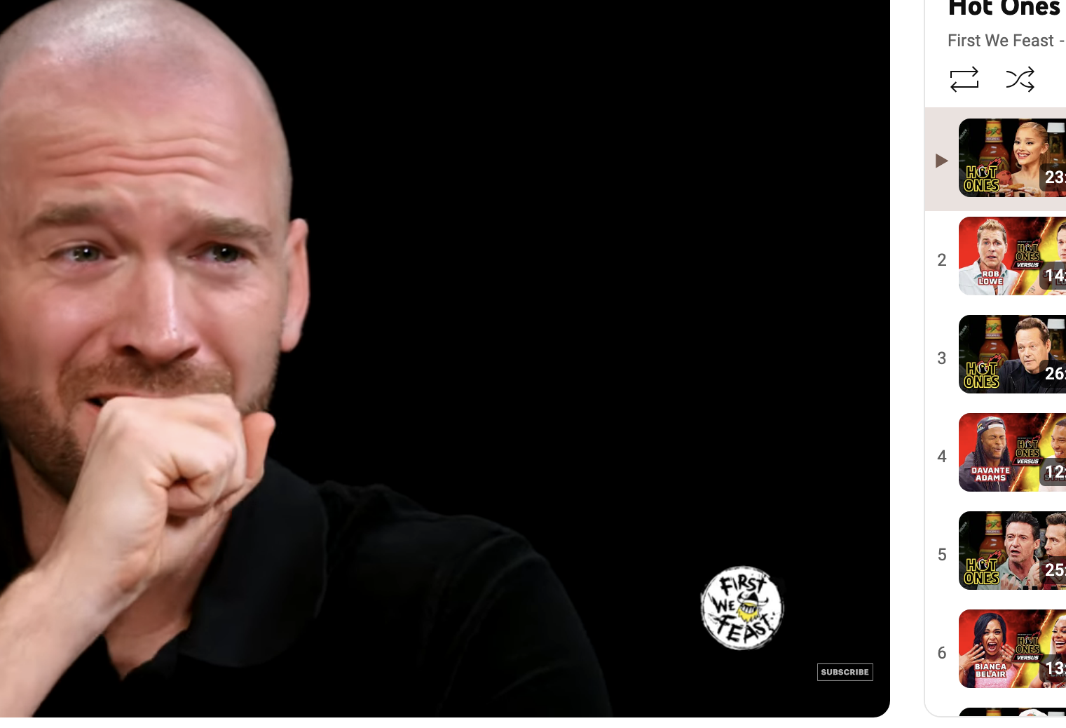 Sean Evans on &quot;Hot Ones&quot; interviewing Ariana Grande, who hits a high note while eating spicy wings. Video trending on YouTube with 2.6M views