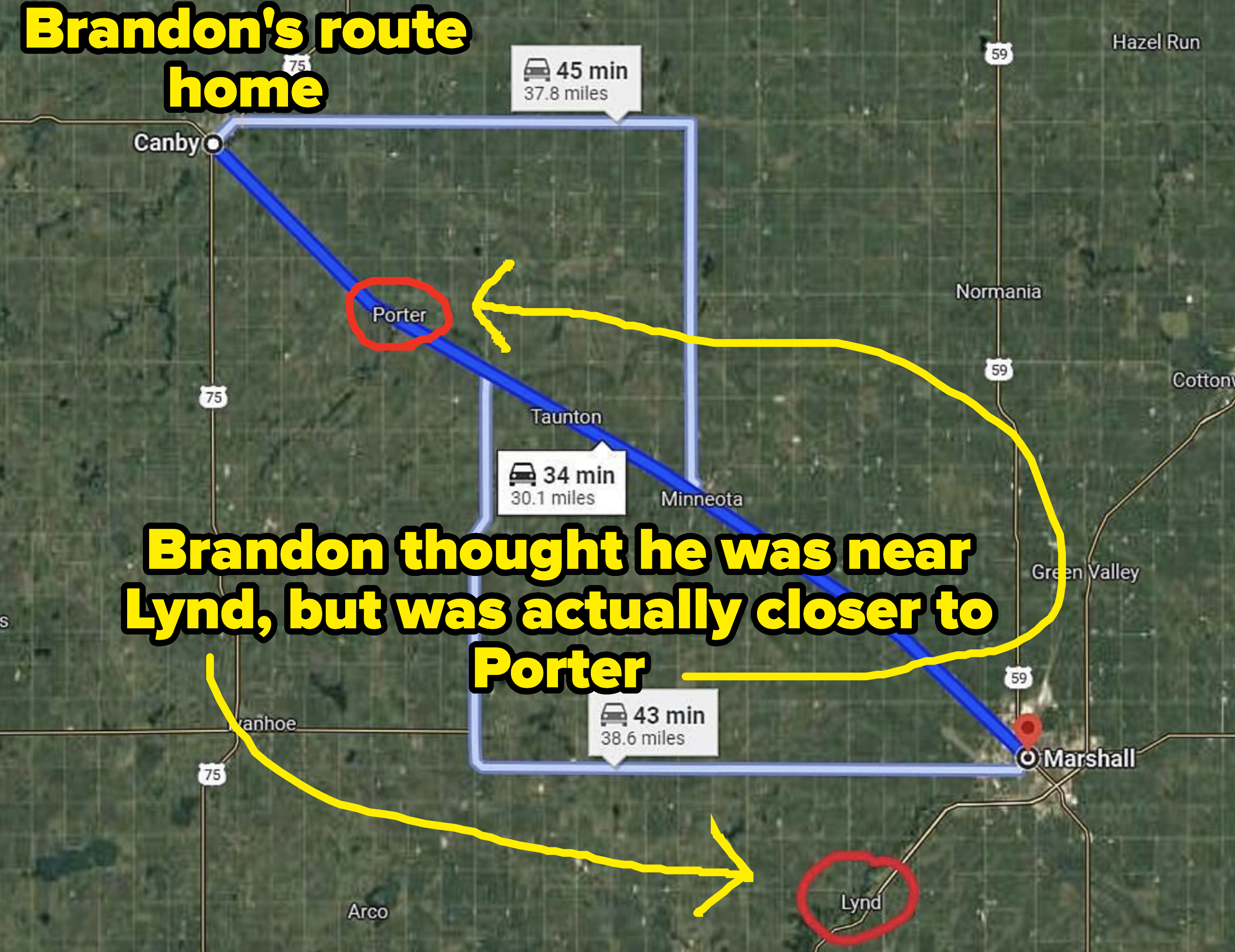 Map displaying routes and driving times between Canby and Marshall, with Canby to Marshall via Porter (45 mins, 37.8 miles), Taunton (34 mins, 30.1 miles), and Ghent (43 mins, 38.6 miles). Lynd circled