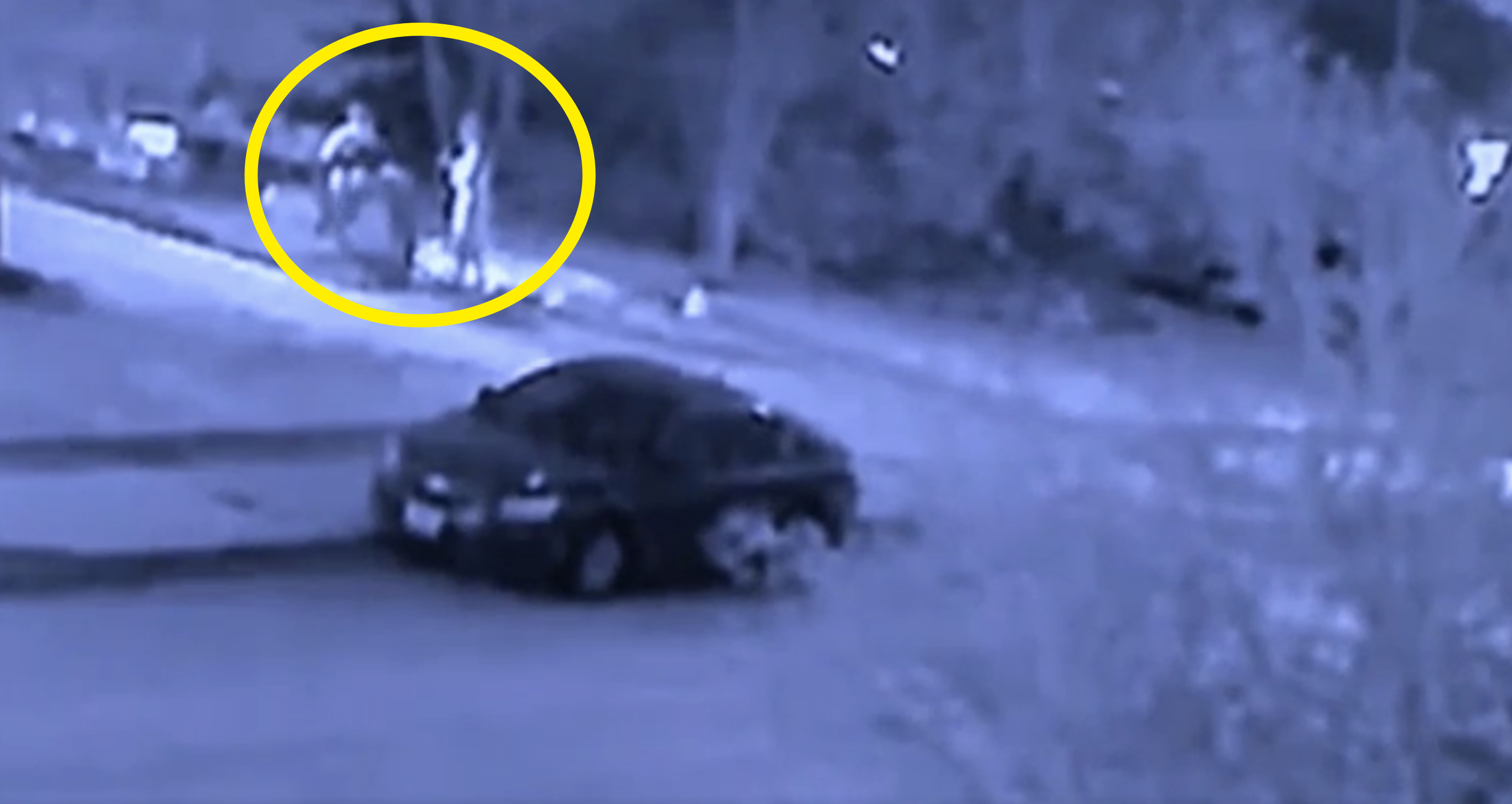 Security camera footage capturing a parked car in what appears to be a dimly lit or nighttime setting with trees in the background