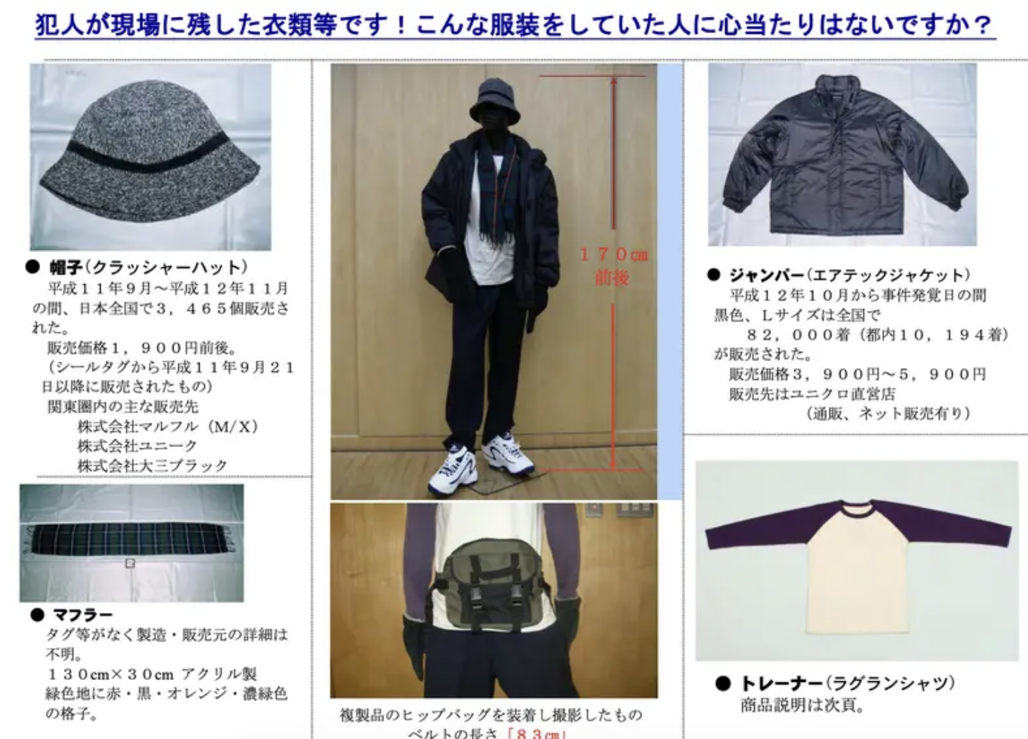 A suspect wearing a hat, jacket, sweatshirt, and carrying a bag is depicted. The image includes detailed information on each clothing item: hat, jacket, sweatshirt, bag, and height (170 cm)