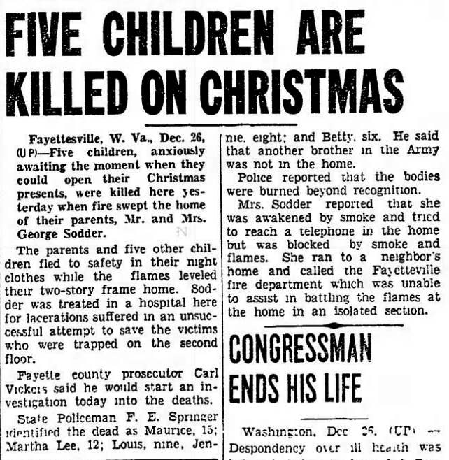 Newspaper clipping with the headlines "Five Children Are Killed on Christmas" and "Congressman Ends His Life." It reports the tragic death of five Sodder children in a fire and a congressman's suicide