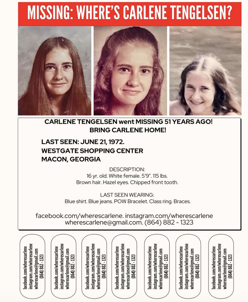 Missing person poster for Carlene Tengelsen, who went missing 51 years ago from Macon, Georgia. Includes 3 photos and detailed physical description