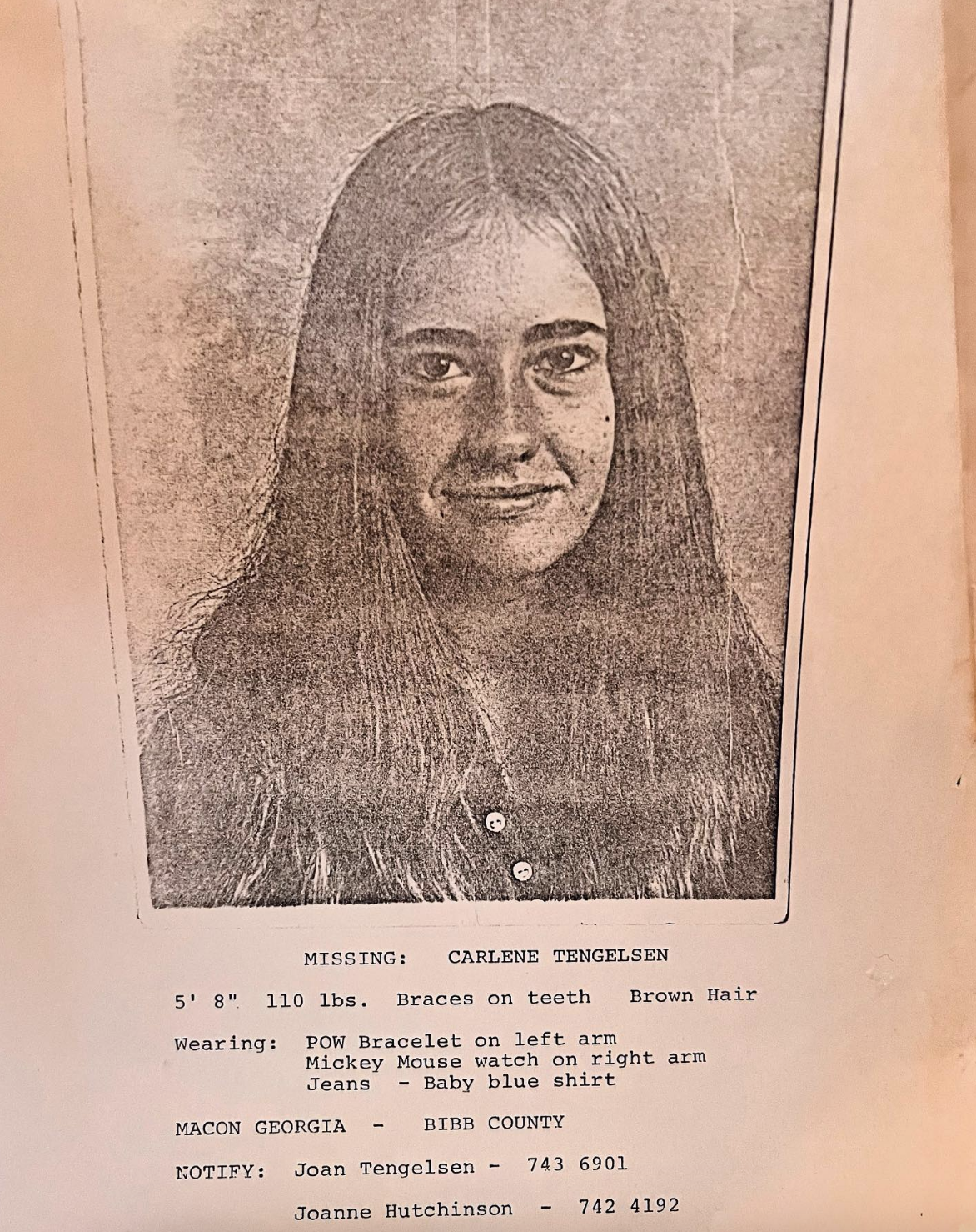 Missing person flyer for Carlene Tengelsen with a black and white photo. Described as 5'8", 110 lbs, braces, brown hair. Wearing POW bracelet, Mickey Mouse watch, jeans, baby blue shirt