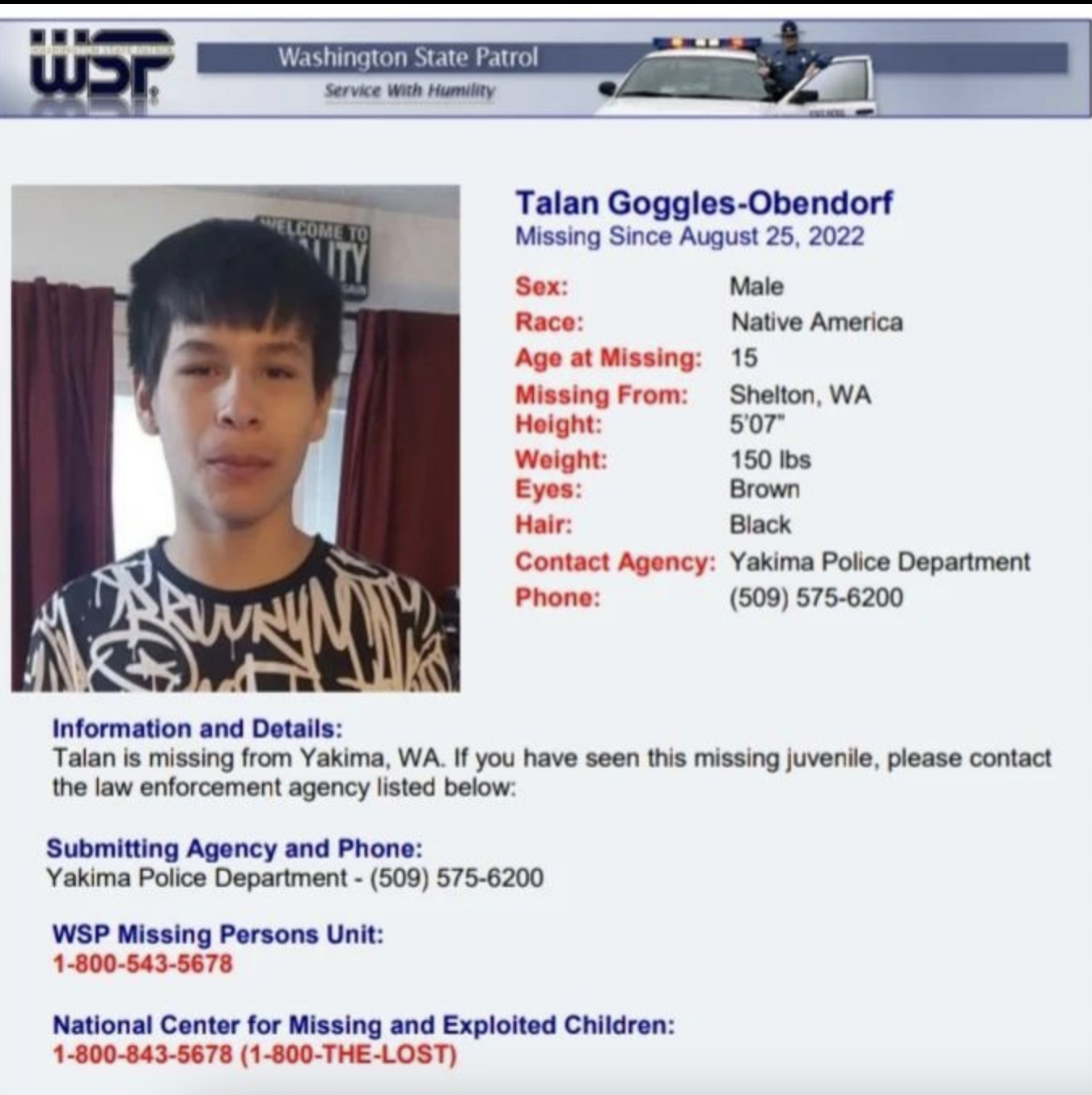 Missing person poster for Talan Goggles-Obendorf, last seen in Yakima, WA. Contact Yakima Police Department at 509-575-6200 with information