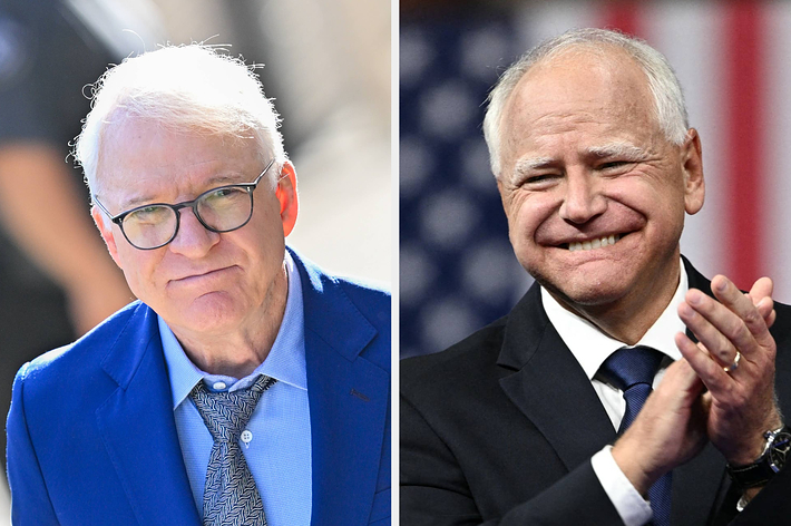 Steve Martin and an unidentified person in business attire, standing on separate occasions. Steve Martin wears glasses and a tie, with a slight smile