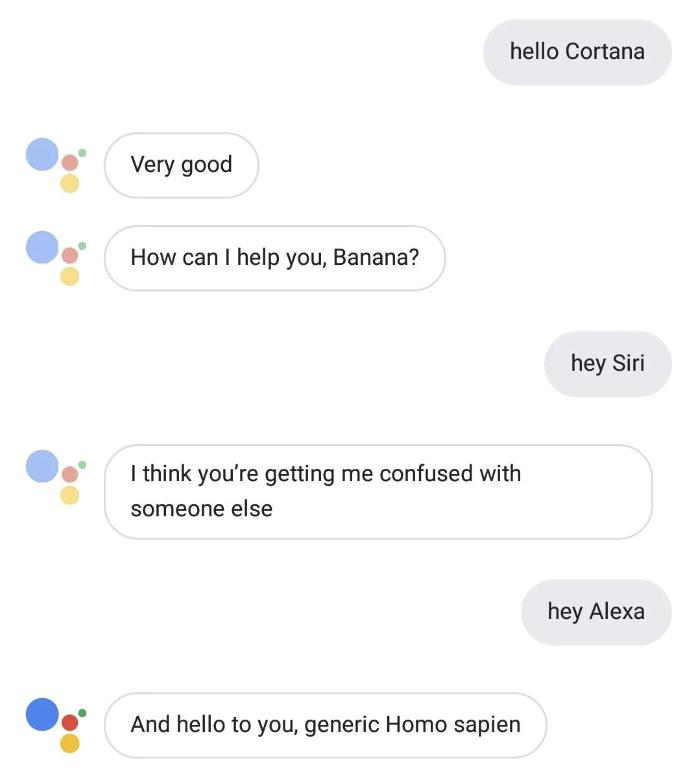 A text exchange where Google Assistant responds humorously to being incorrectly called Cortana, Siri, and Alexa