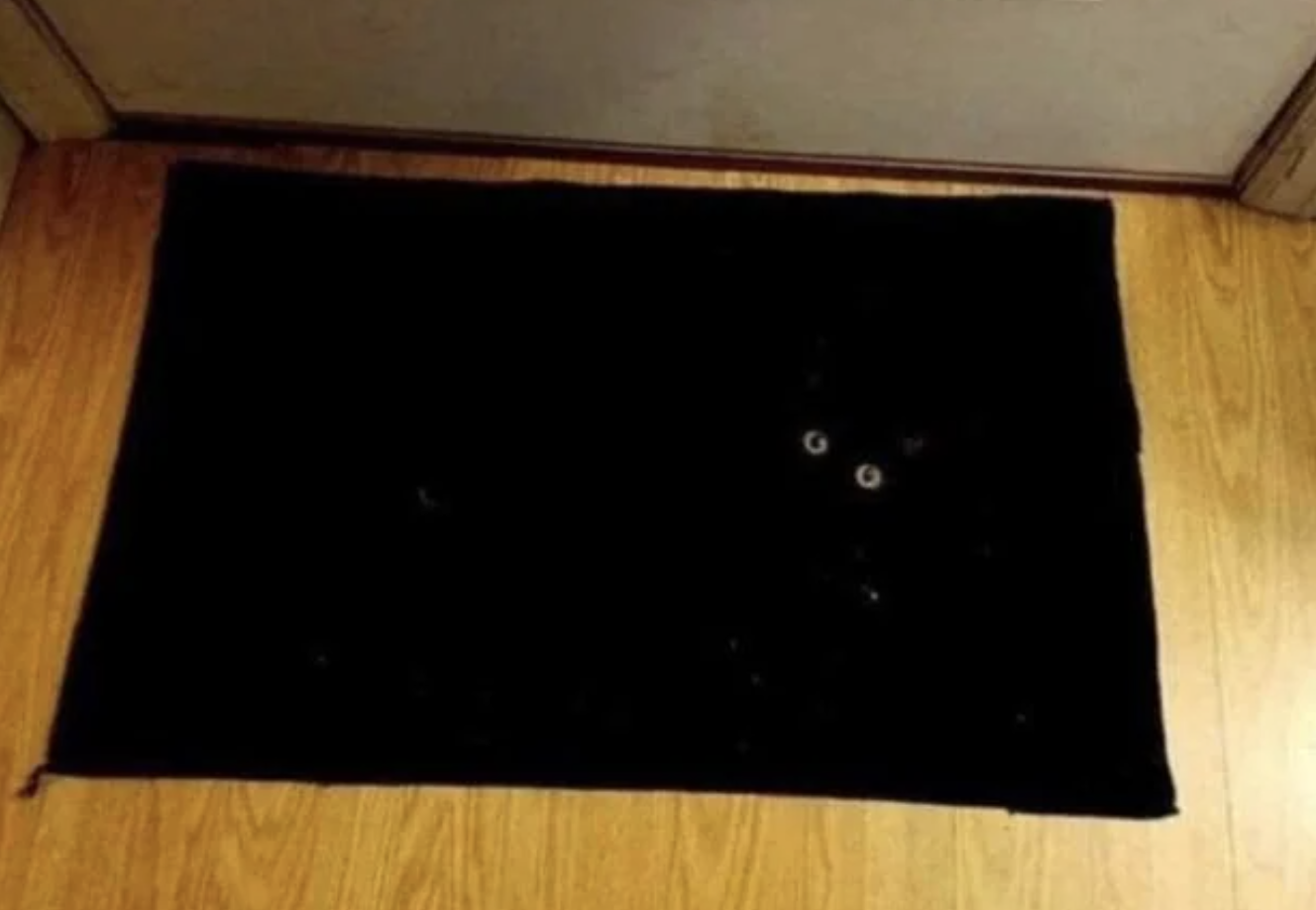 A black rug with two visible glossy cat eyes peering out, blending into the background