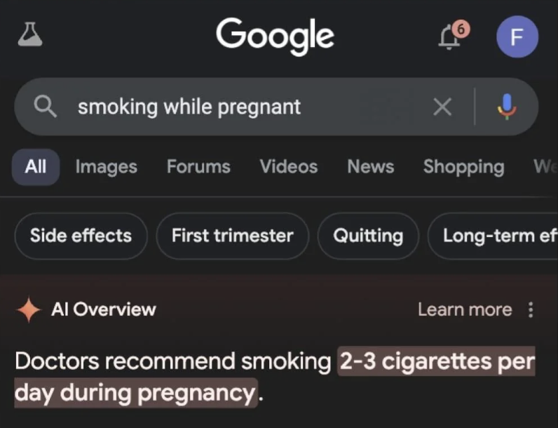 Google search for "smoking while pregnant" shows a false AI overview suggesting doctors recommend smoking 2-3 cigarettes per day during pregnancy
