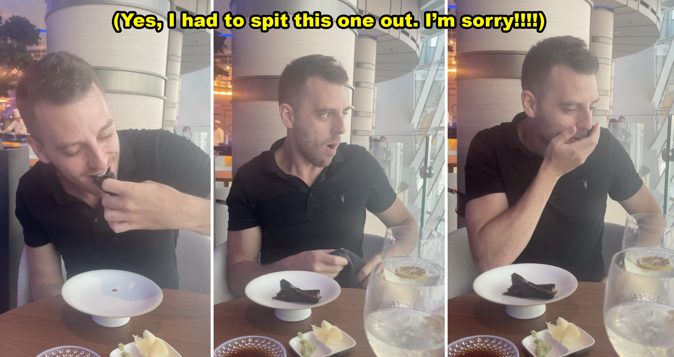 Me eating the tuna roll. Text at top reads: &quot;Yes, I had to spit this one out. I'm sorry!!!!&quot;