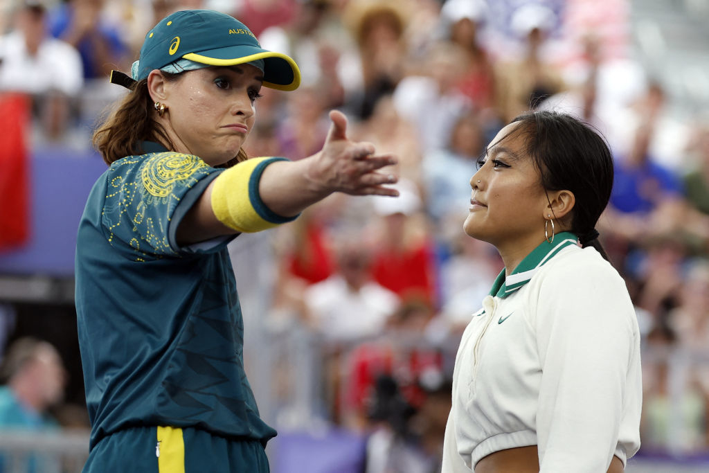 Two breakdancers competing at the Olympics