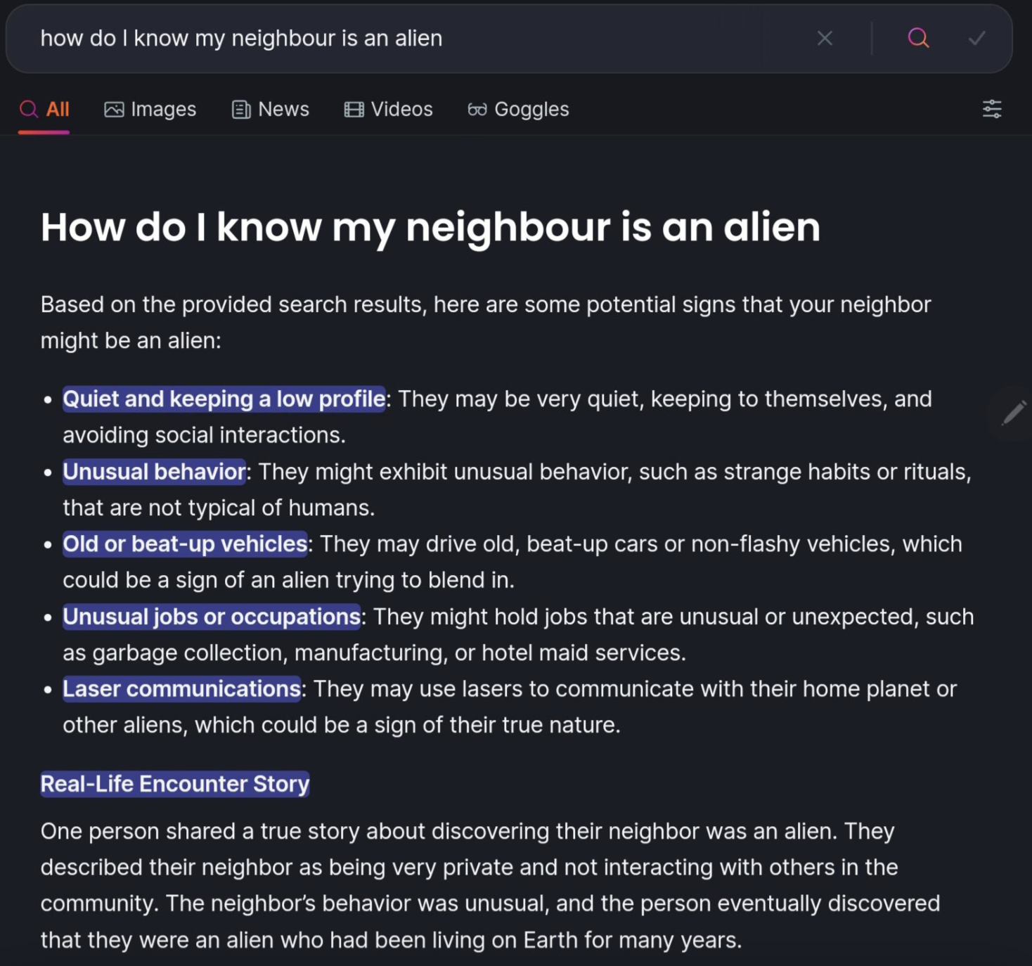 Google search result snippet for "how do I know my neighbour is an alien" provides signs such as unusual behavior, old vehicles, odd jobs, lasers, and unusual past