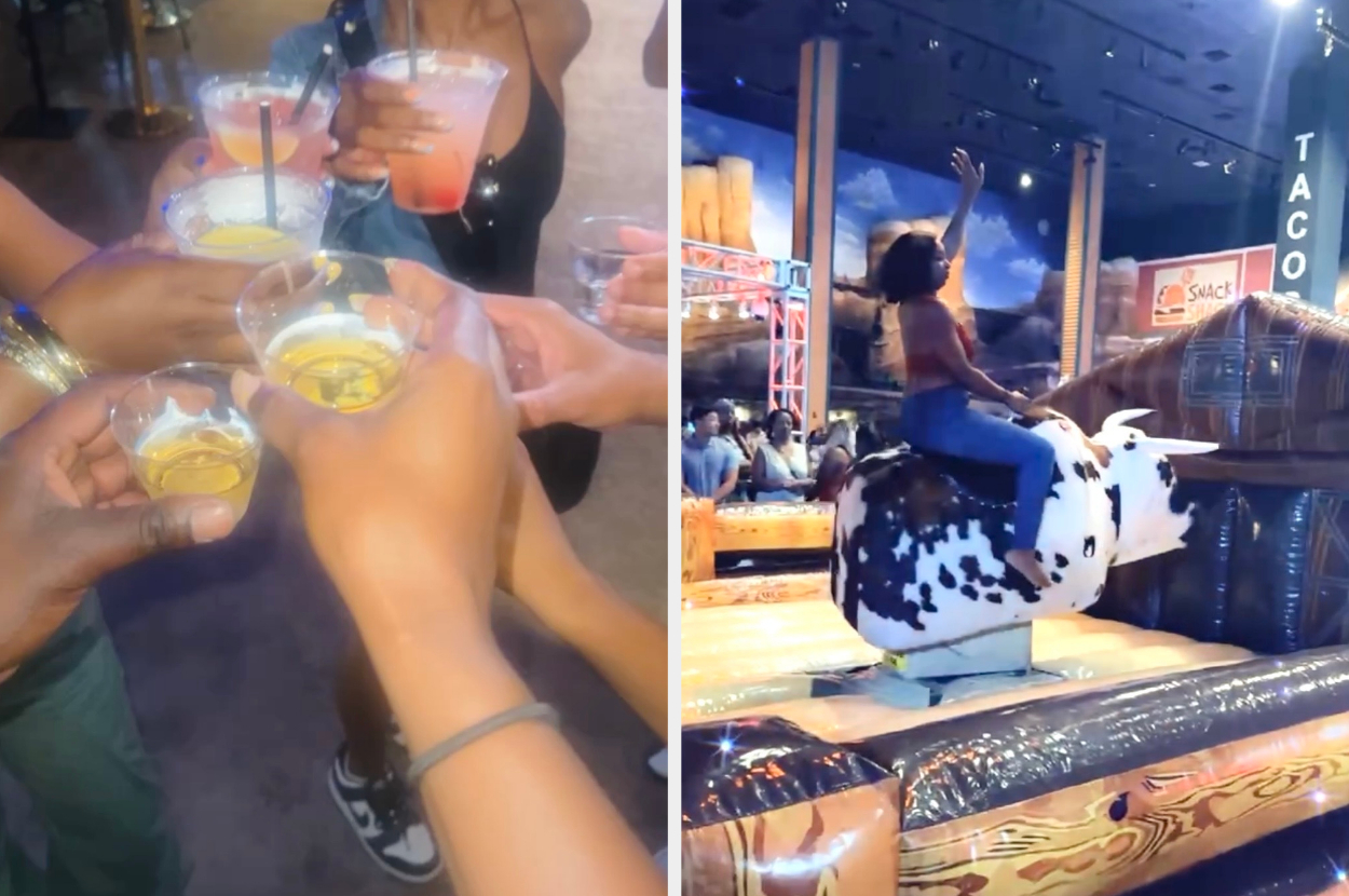 On the left, people toast with drinks. On the right, a person rides a mechanical bull at an indoor venue. Neon sign "Taco" visible in the background