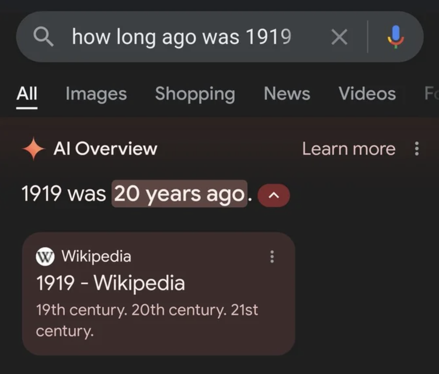 Google search showing a humorous mistake where it says "1919 was 20 years ago." Wikipedia entry below correctly notes 1919 was in the 20th century