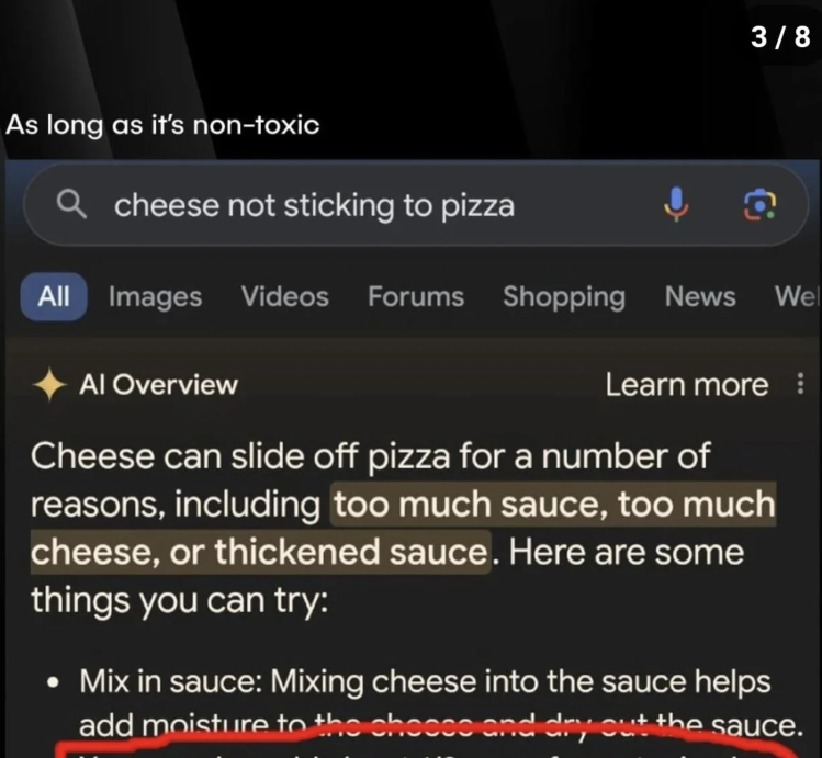 Screenshot captioned &quot;Whatcouldgowrong&quot; showing a humorous suggestion to add non-toxic glue to pizza sauce to prevent cheese from sliding off