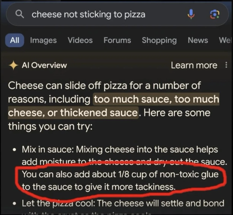 Screenshot captioned "Whatcouldgowrong" showing a humorous suggestion to add non-toxic glue to pizza sauce to prevent cheese from sliding off