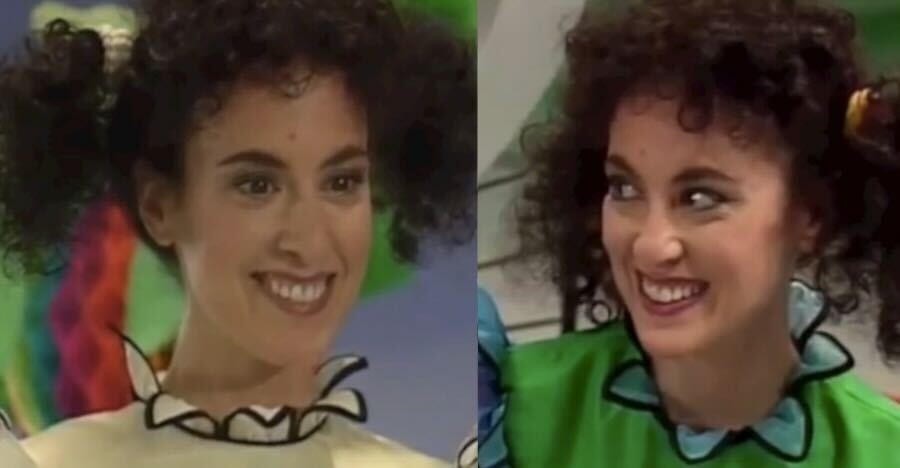 Two women with curly hair styled in pigtails, wearing playful outfits with ruffled collars, smile in close-up shots