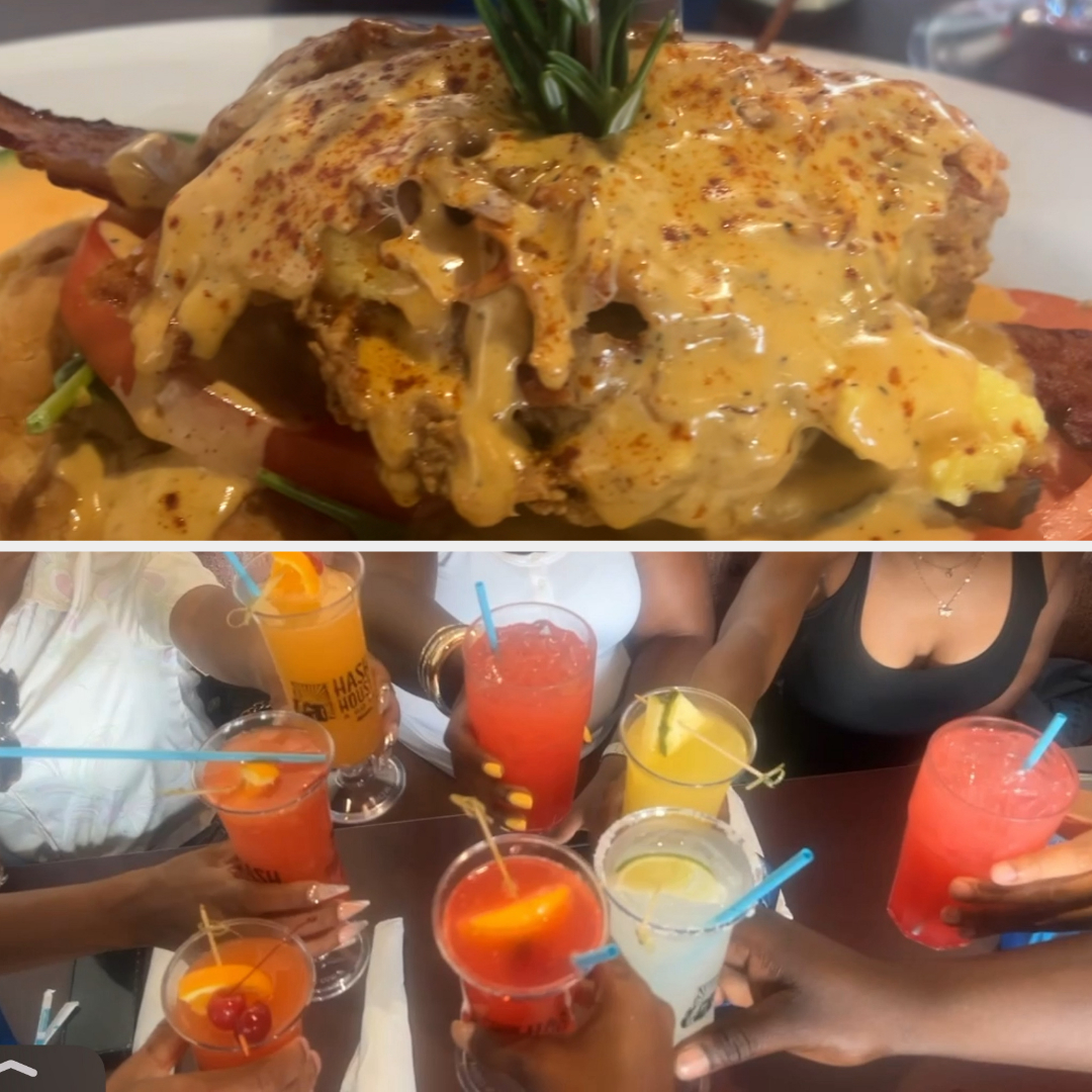 Top image: Close-up of a hamburger with sauce and toppings. Bottom image: Several hands toasting with colorful drinks in glasses