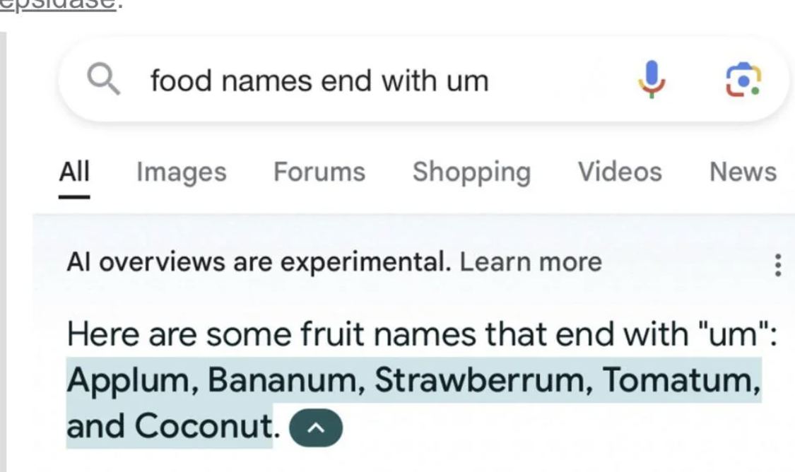 Search result for &quot;food names end with um&quot; gives a list: Applum, Bananum, Strawberrum, Tomatum, and Coconut