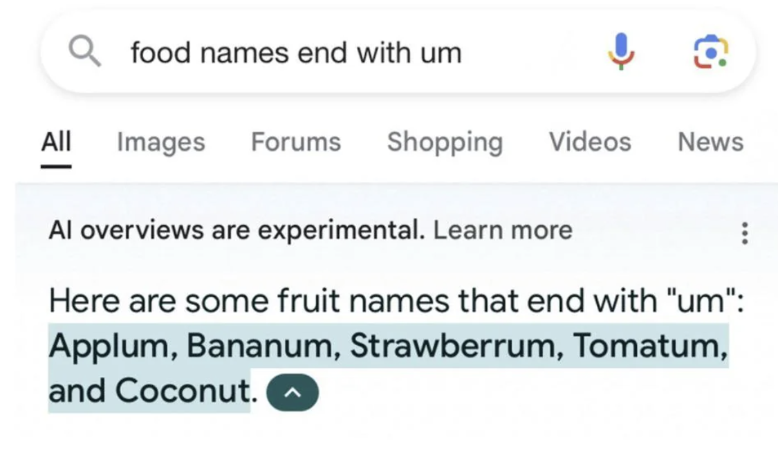 Search result for "food names end with um" gives a list: Applum, Bananum, Strawberrum, Tomatum, and Coconut