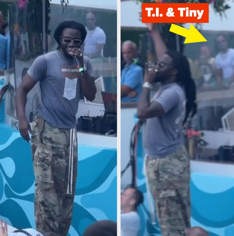 T.I. (wearing camo pants and gray shirt) performs on stage, T.I. & Tiny streaming on screen. Matt Rife (green shirt and shorts) laughs and engages nearby