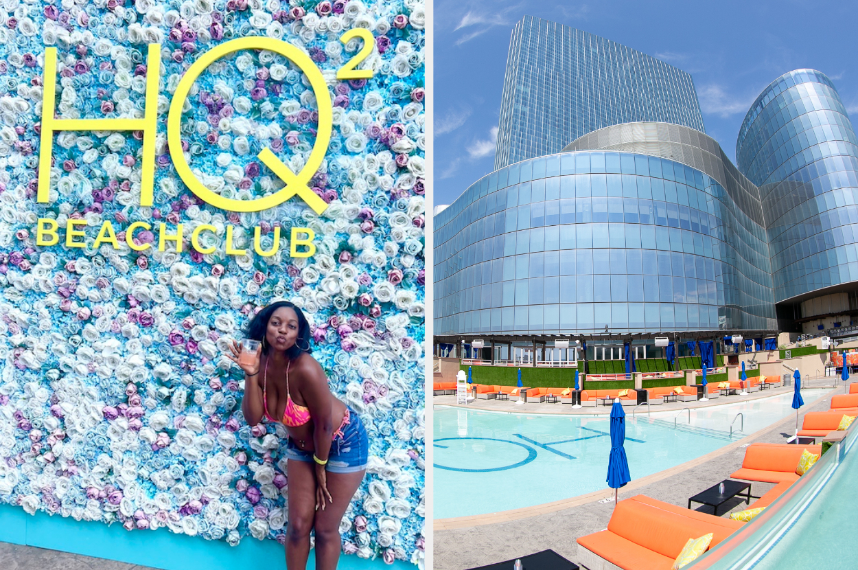 Woman in a bikini poses playfully in front of "HQ² Beach Club" flower wall; right: exterior view of a modern building and pool area with umbrellas and lounge chairs