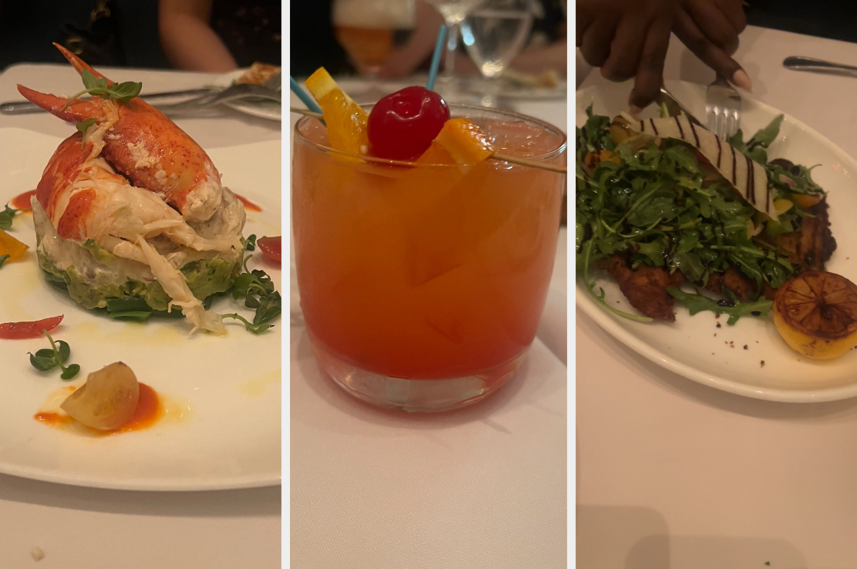 A three-panel image showing a lobster dish, a cocktail with a cherry garnish, and a plated meal with arugula and grilled items