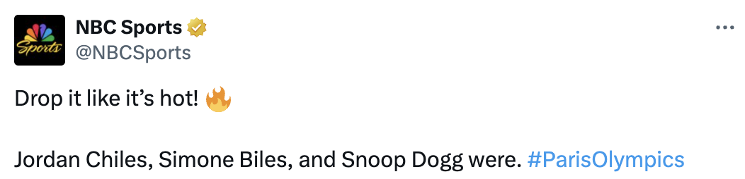 NBC Sports tweet: "Drop it like it's hot!" with a fire emoji. Mentions: Jordan Chiles, Simone Biles, and Snoop Dogg. Hashtag: #ParisOlympics