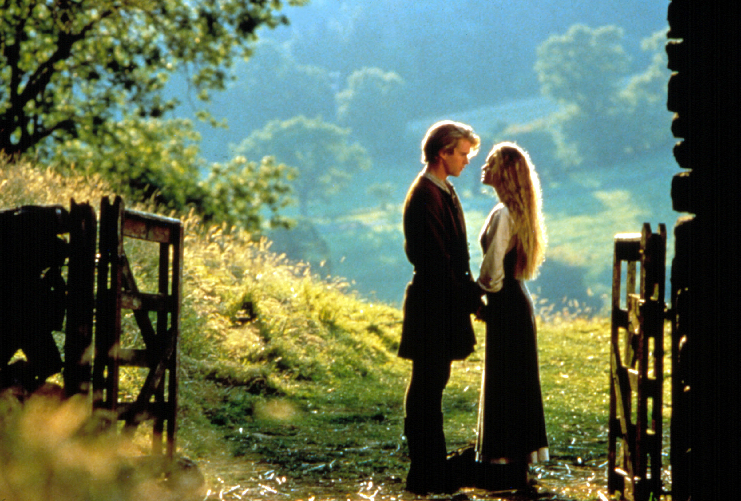 Cary Elwes and Robin Wright standing by a meadow in a scene from "The Princess Bride"
