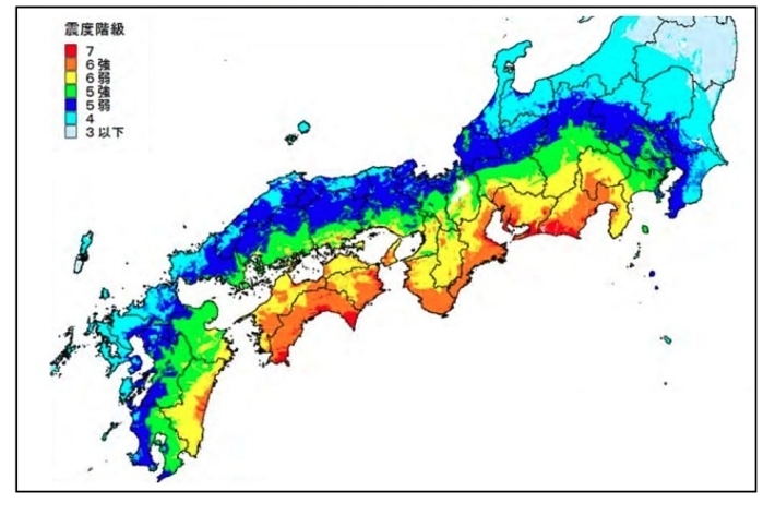 南海トラフ巨大地震の想定される震度分布(気象庁の資料より)